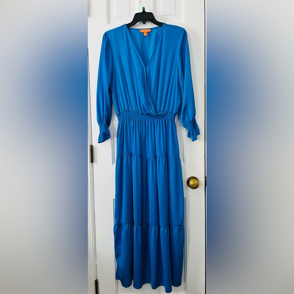 Women's Maxi Dress in Bright Blue - Classic V-Neck Tiered Design
